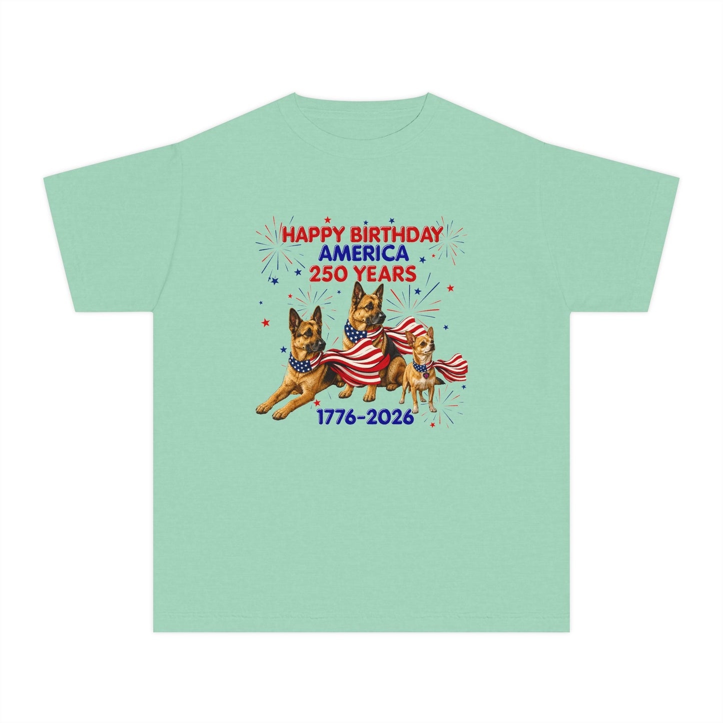 Youth Tee — "Happy Birthday America 250 Years 1776-2026" Patriotic German Shepherds