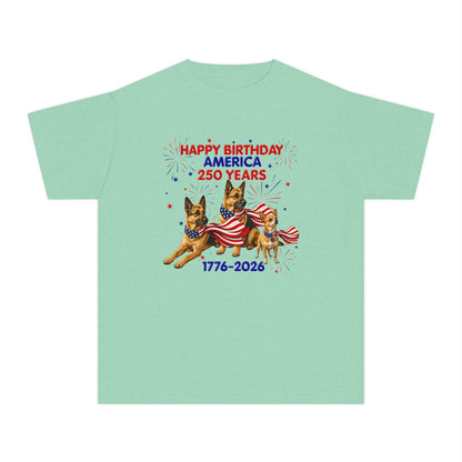 Youth Tee — "Happy Birthday America 250 Years 1776-2026" Patriotic German Shepherds