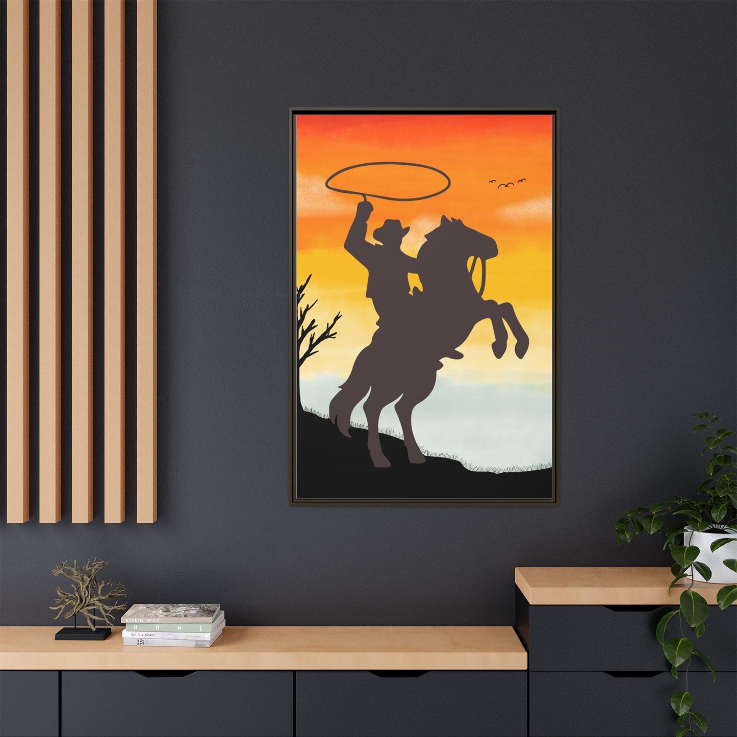 Framed Canvas Art Print Western Home Decor Rustic Wall Art Gift for Cowgirl or Cowboy Country Housewarming Rodeo Home Decor Cowboy Sunset