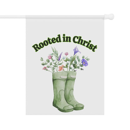 Rooted in Christ Garden Flag — Floral Rainboot Christian Yard Banner