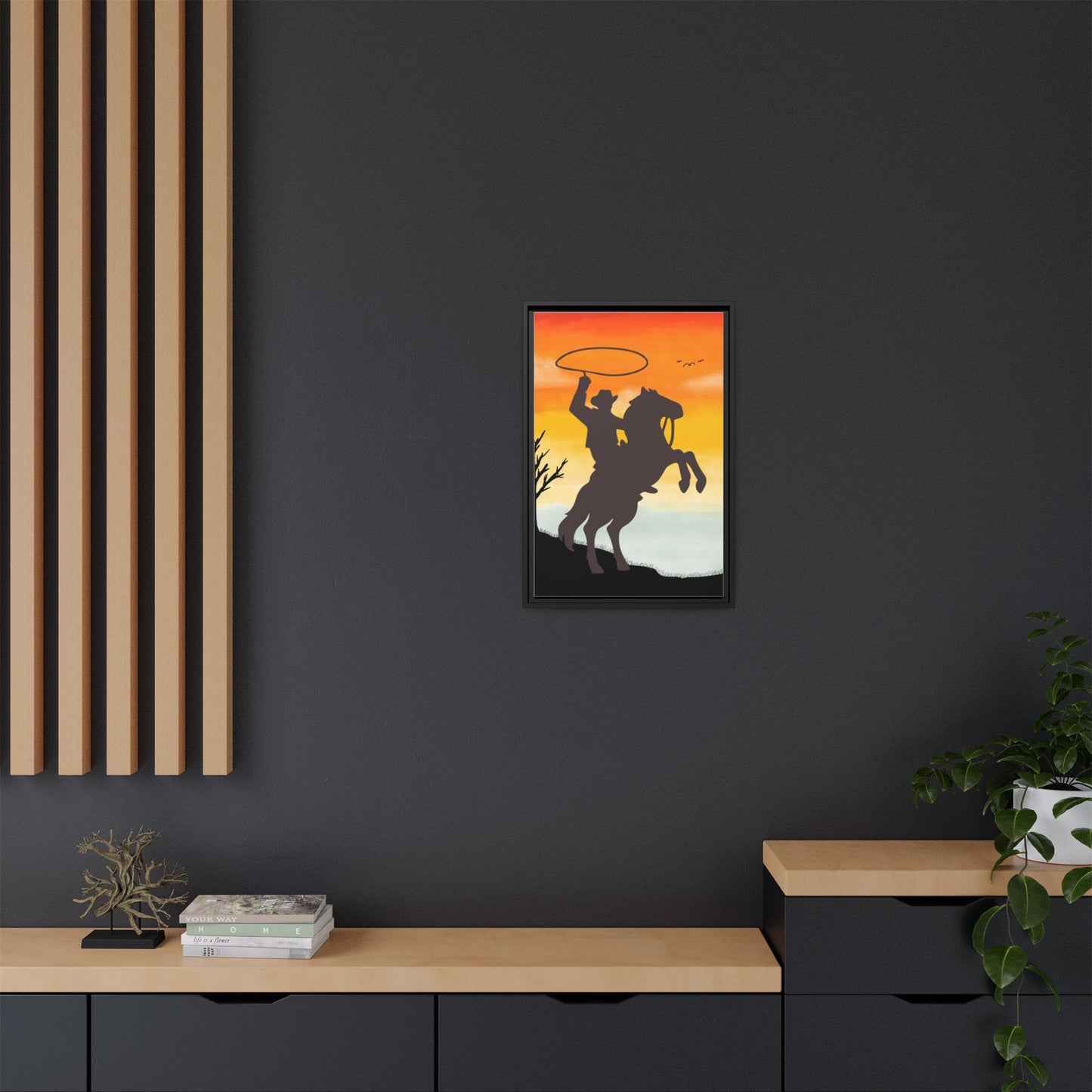 Framed Canvas Art Print Western Home Decor Rustic Wall Art Gift for Cowgirl or Cowboy Country Housewarming Rodeo Home Decor Cowboy Sunset