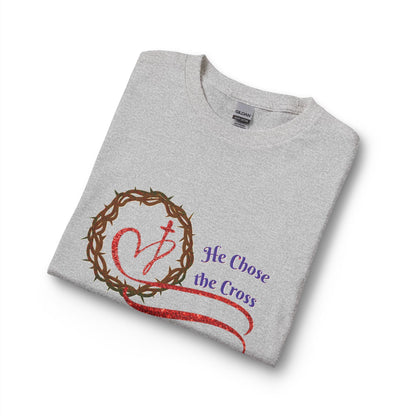 Long Sleeve Tee “He Chose the Cross” Christian Crown of Thorns Heart Design