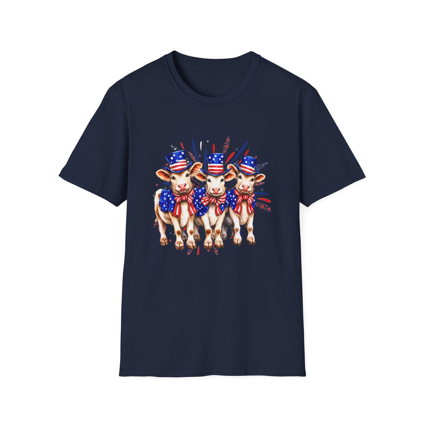 American Patriotic Cows T-Shirt — 4th of July Cow Trio in Uncle Sam Hats