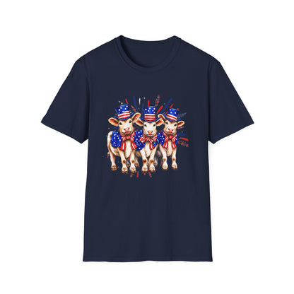 American Patriotic Cows T-Shirt — 4th of July Cow Trio in Uncle Sam Hats