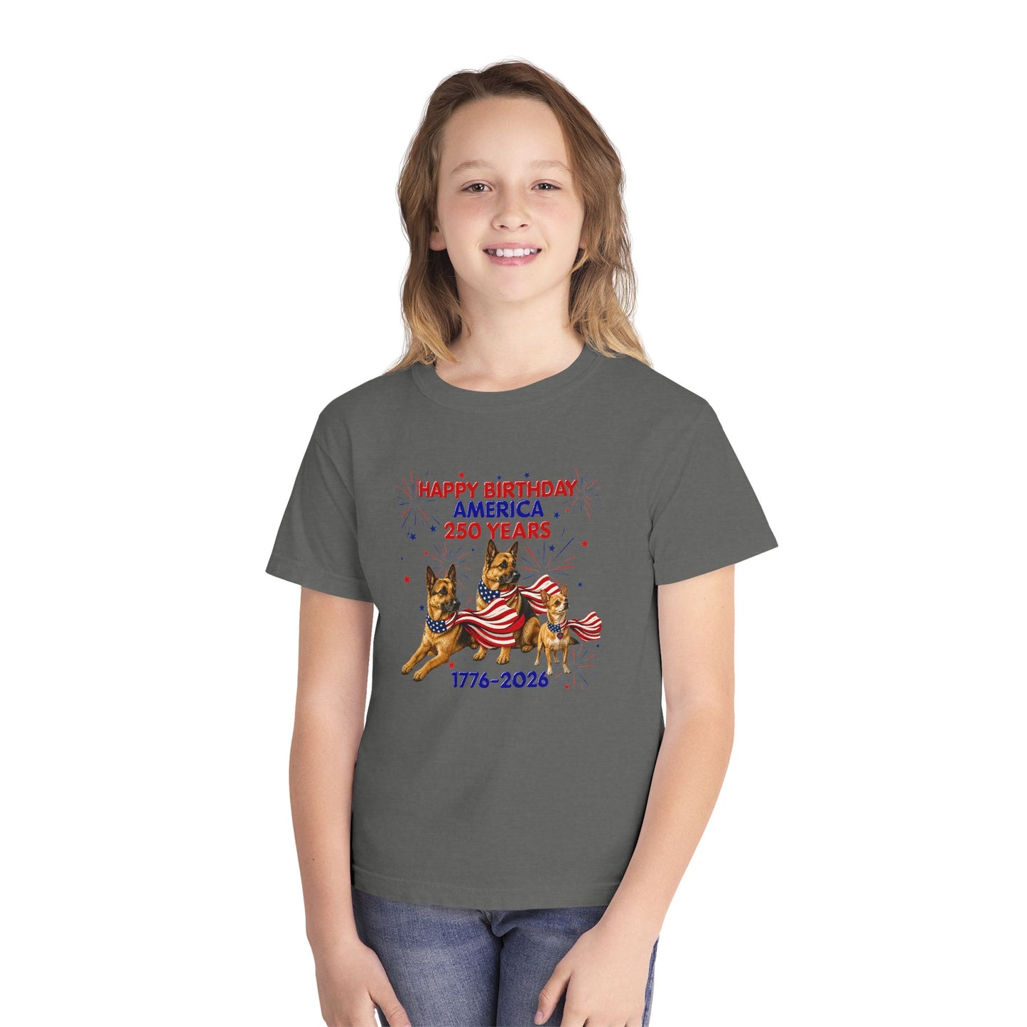 Youth Tee — "Happy Birthday America 250 Years 1776-2026" Patriotic German Shepherds