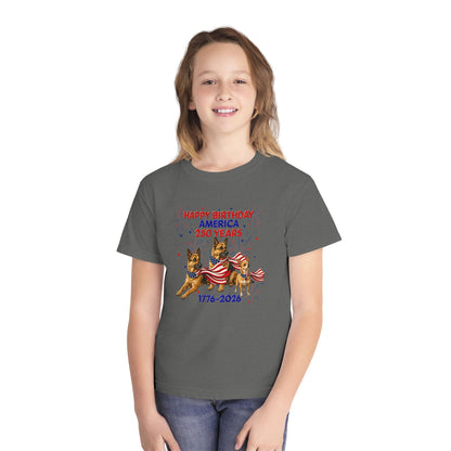 Youth Tee — "Happy Birthday America 250 Years 1776-2026" Patriotic German Shepherds