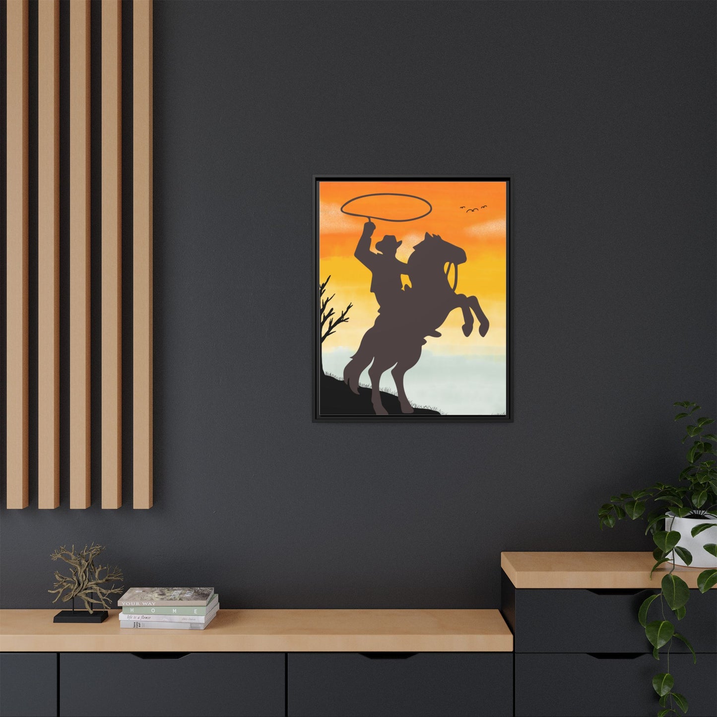 Framed Canvas Art Print Western Home Decor Rustic Wall Art Gift for Cowgirl or Cowboy Country Housewarming Rodeo Home Decor Cowboy Sunset