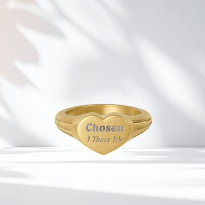 Heart Signet Ring — Engraved “Chosen 1 Thess 1:4” Stainless Steel
