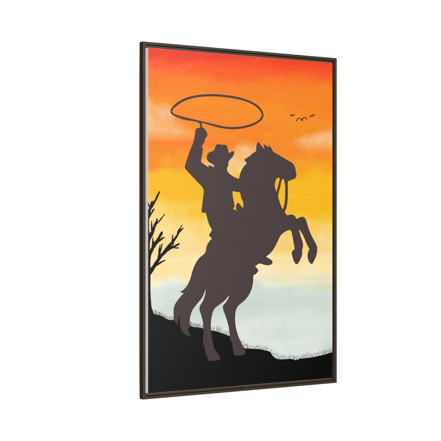 Framed Canvas Art Print Western Home Decor Rustic Wall Art Gift for Cowgirl or Cowboy Country Housewarming Rodeo Home Decor Cowboy Sunset