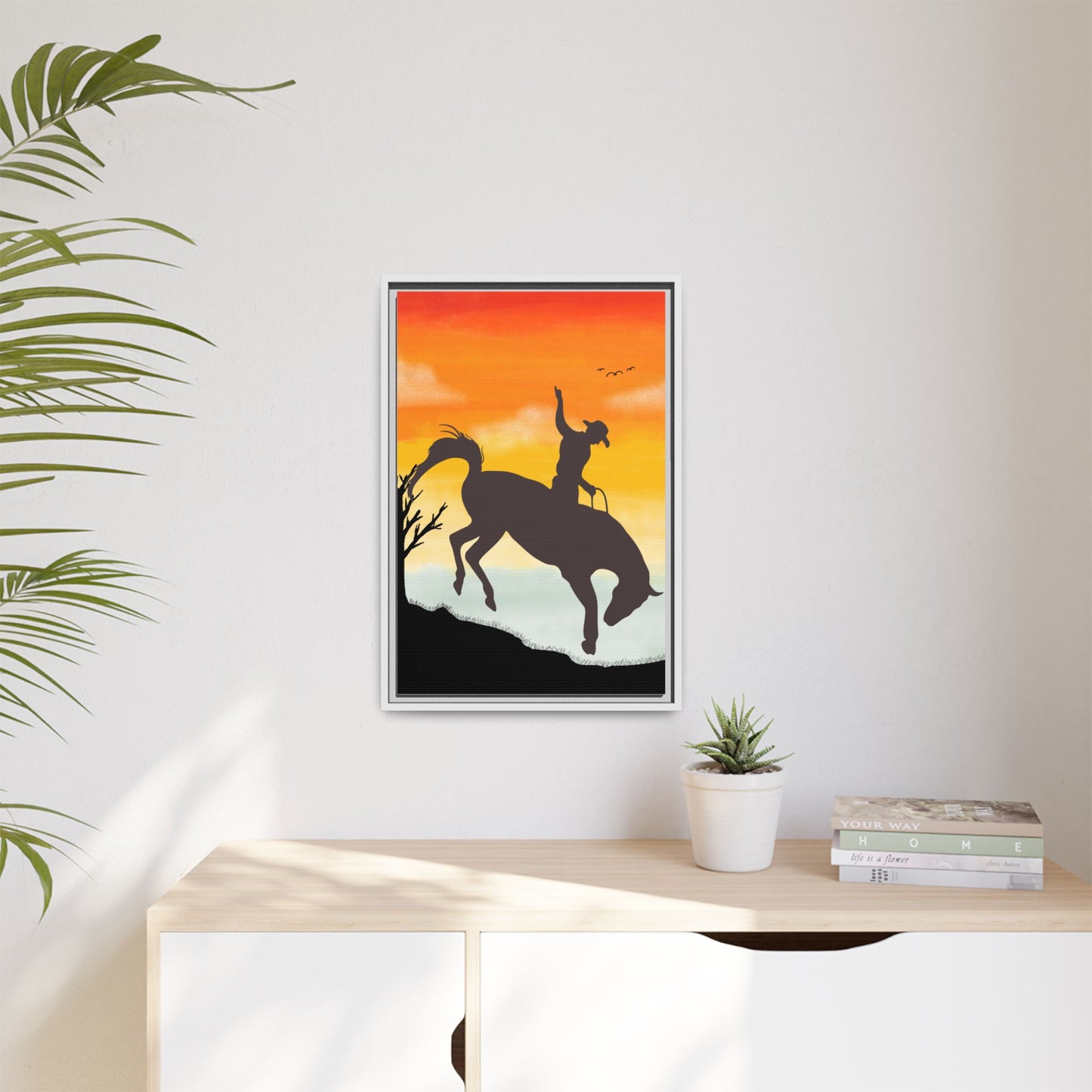 Framed Cowboy Sunset Canvas Art Equestrian Decor Farmhouse Wall Art Rustic Home Decoration Gift for Horse Lovers Rodeo Decor Housewarming Gift
