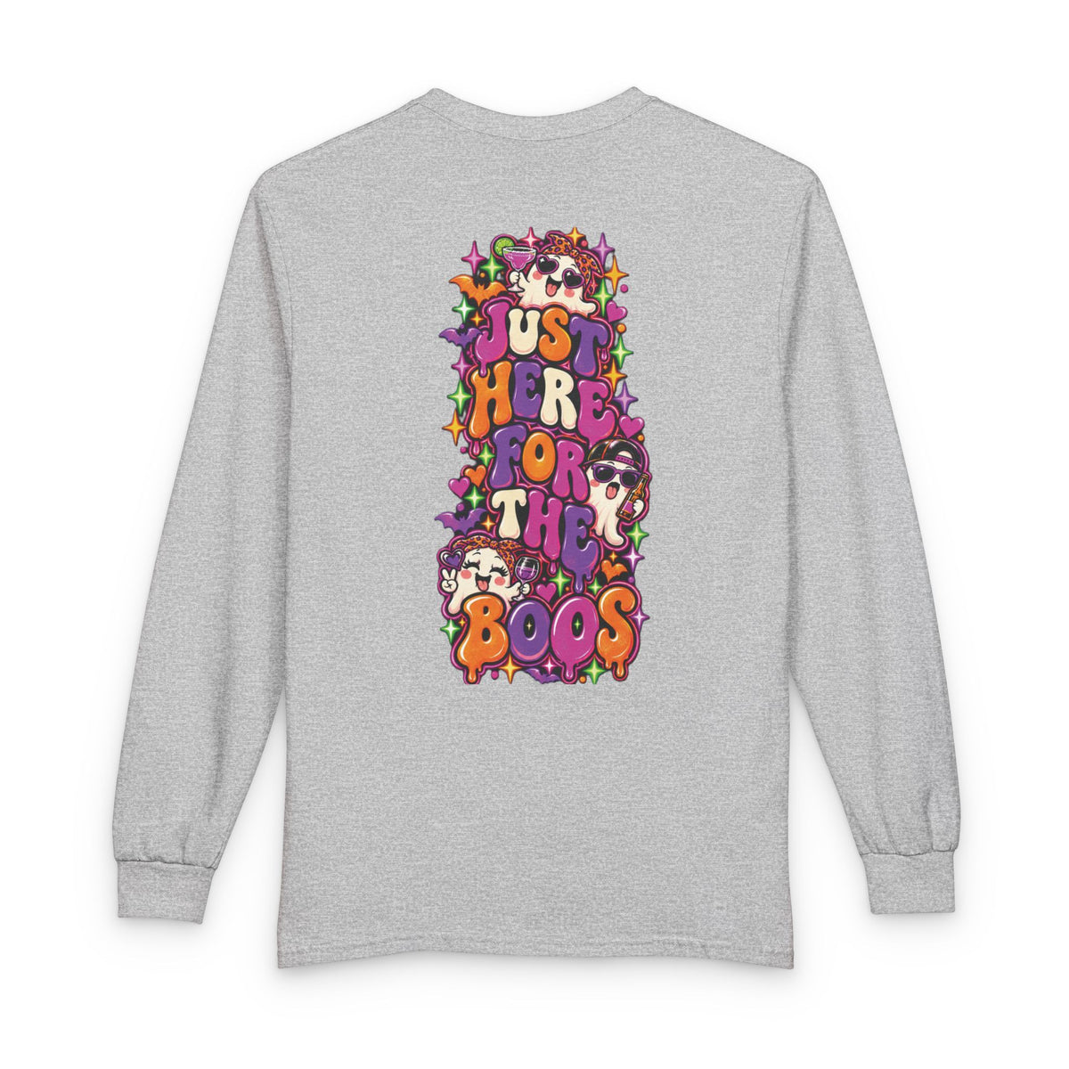 Halloween Long Sleeve Tee — "Just Here for the Boos" Ghost Party Shirt