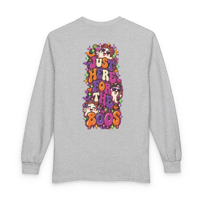Halloween Long Sleeve Tee — "Just Here for the Boos" Ghost Party Shirt