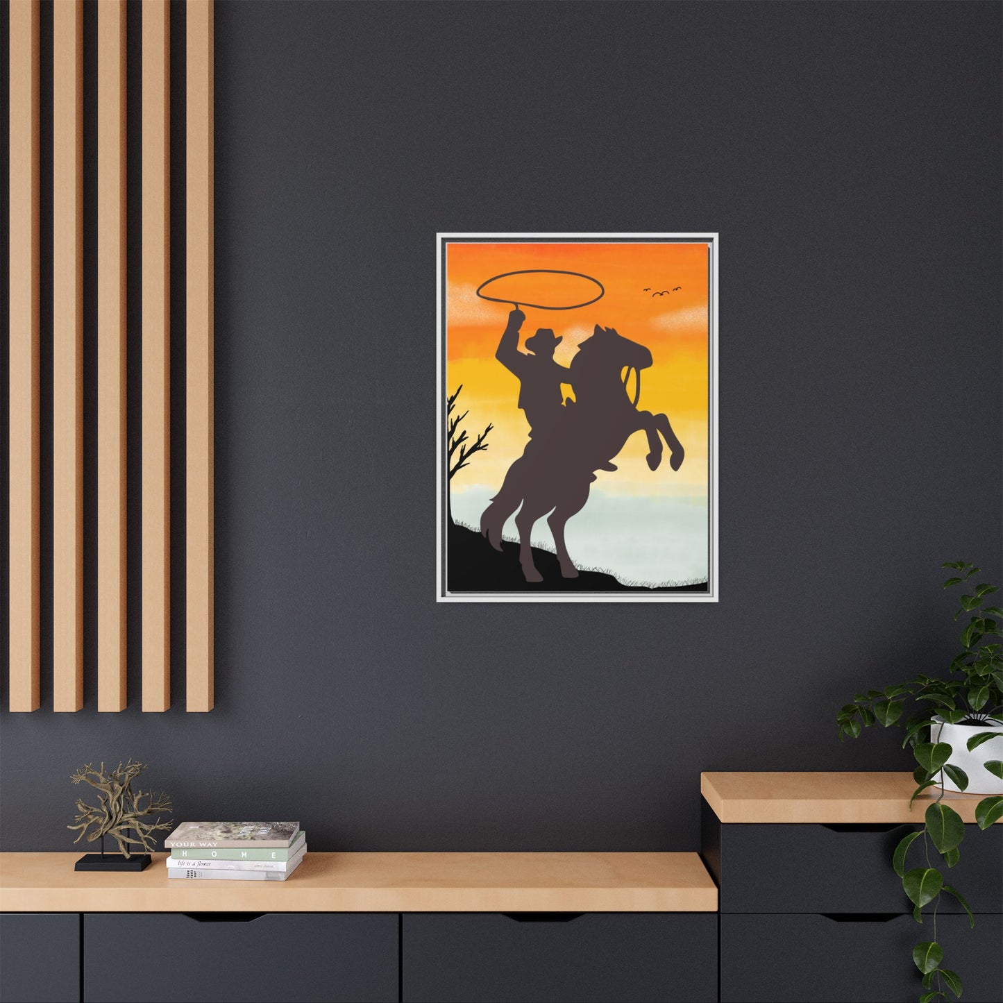 Framed Canvas Art Print Western Home Decor Rustic Wall Art Gift for Cowgirl or Cowboy Country Housewarming Rodeo Home Decor Cowboy Sunset