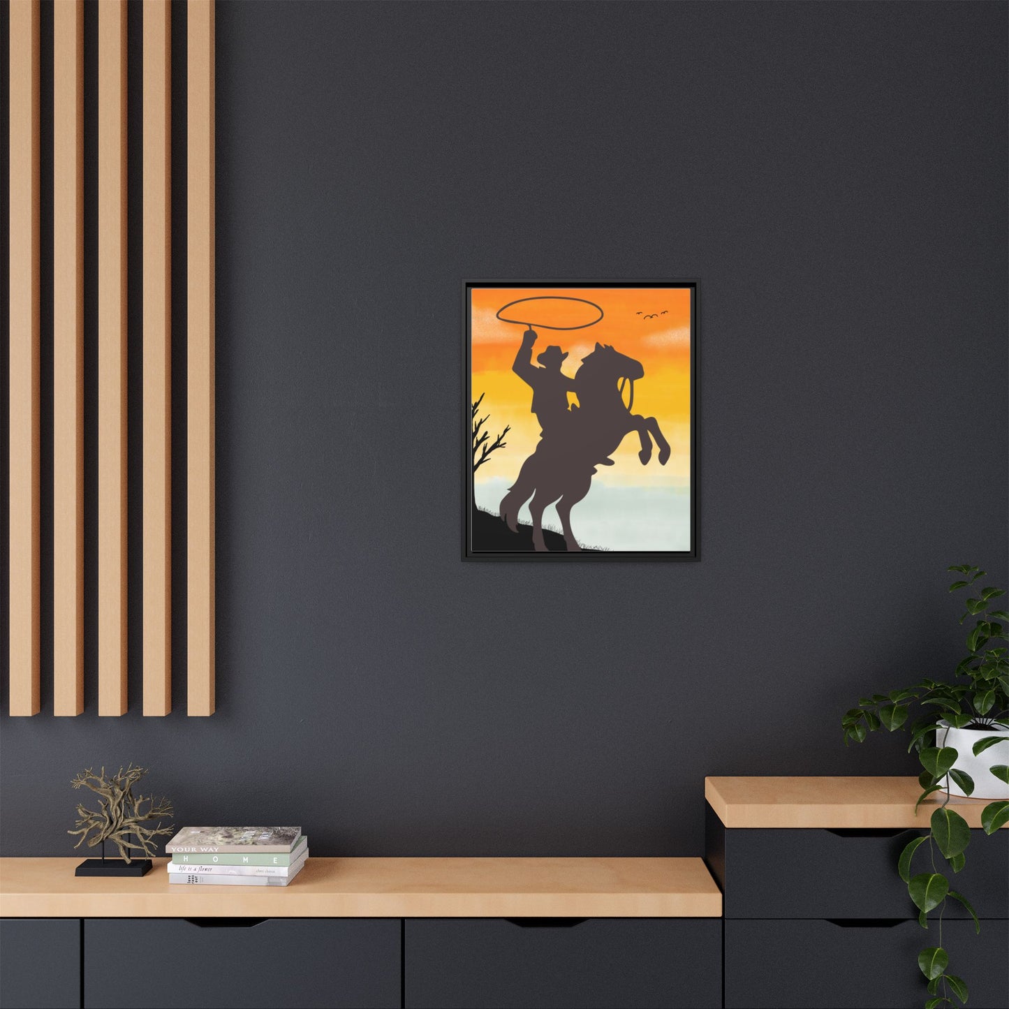 Framed Canvas Art Print Western Home Decor Rustic Wall Art Gift for Cowgirl or Cowboy Country Housewarming Rodeo Home Decor Cowboy Sunset