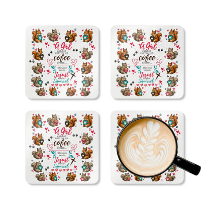 Cork Coaster Set — "A Girl Cannot Survive on Coffee Alone" Squirrel & Jesus Coffee Drinkers Gift
