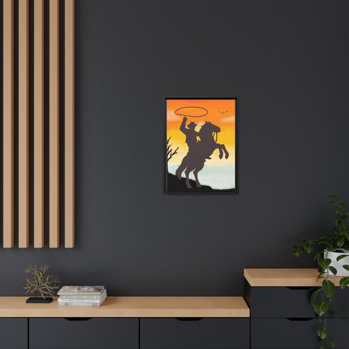 Framed Canvas Art Print Western Home Decor Rustic Wall Art Gift for Cowgirl or Cowboy Country Housewarming Rodeo Home Decor Cowboy Sunset