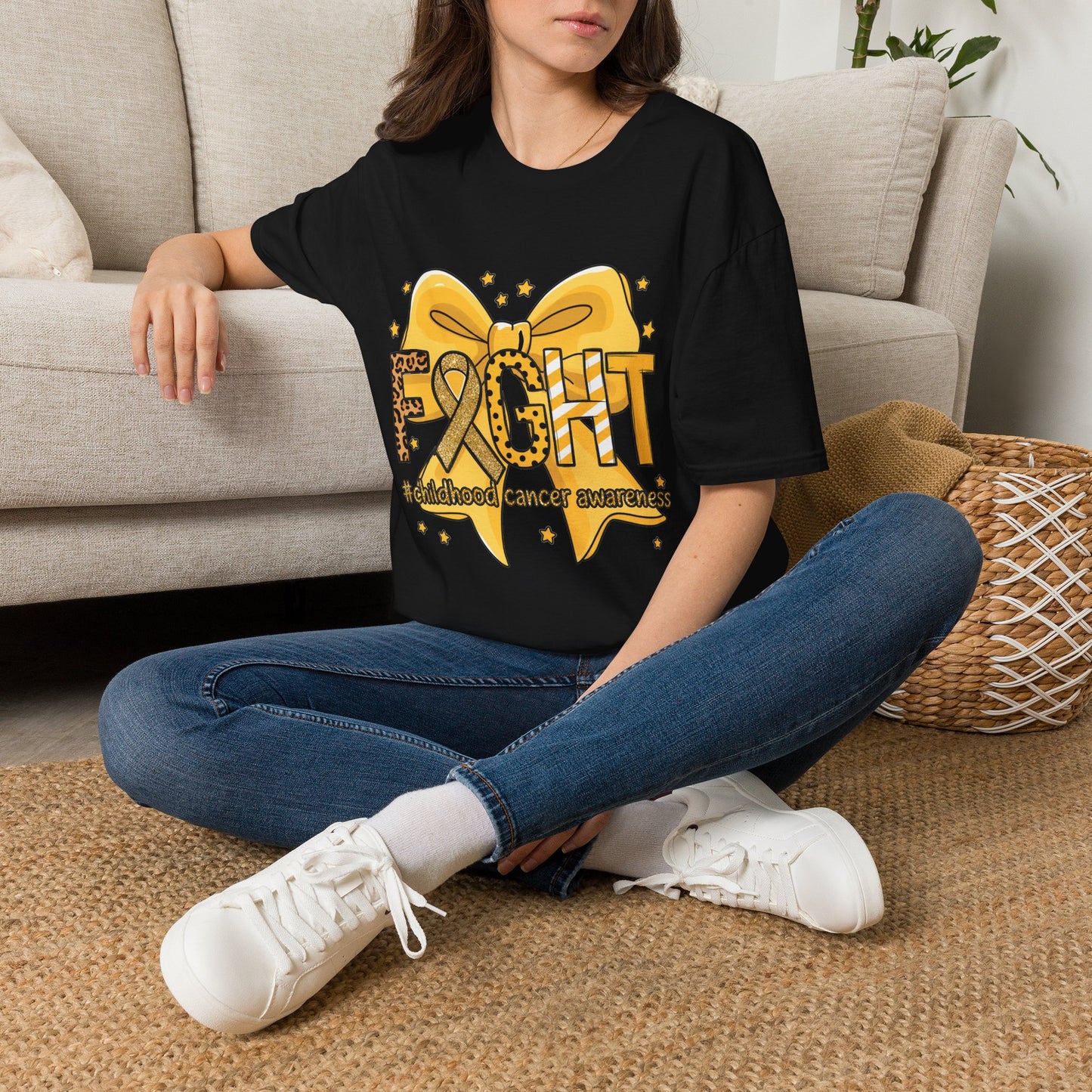 Fight Childhood Cancer T-Shirt — Gold Awareness Ribbon Bow Design
