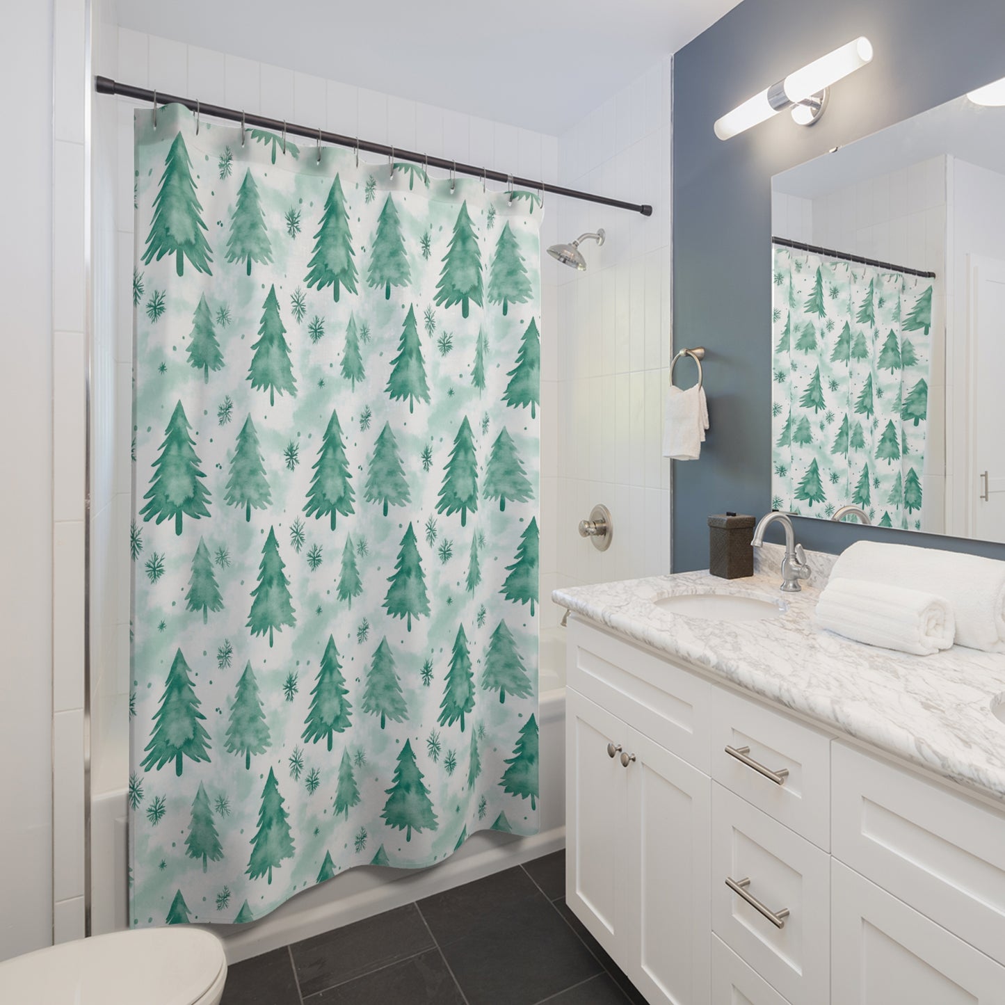 Shower Curtain Winter Wonderland Holiday Decor Christmas Bathroom Accessories Festive Home Decor Pine Tree Design