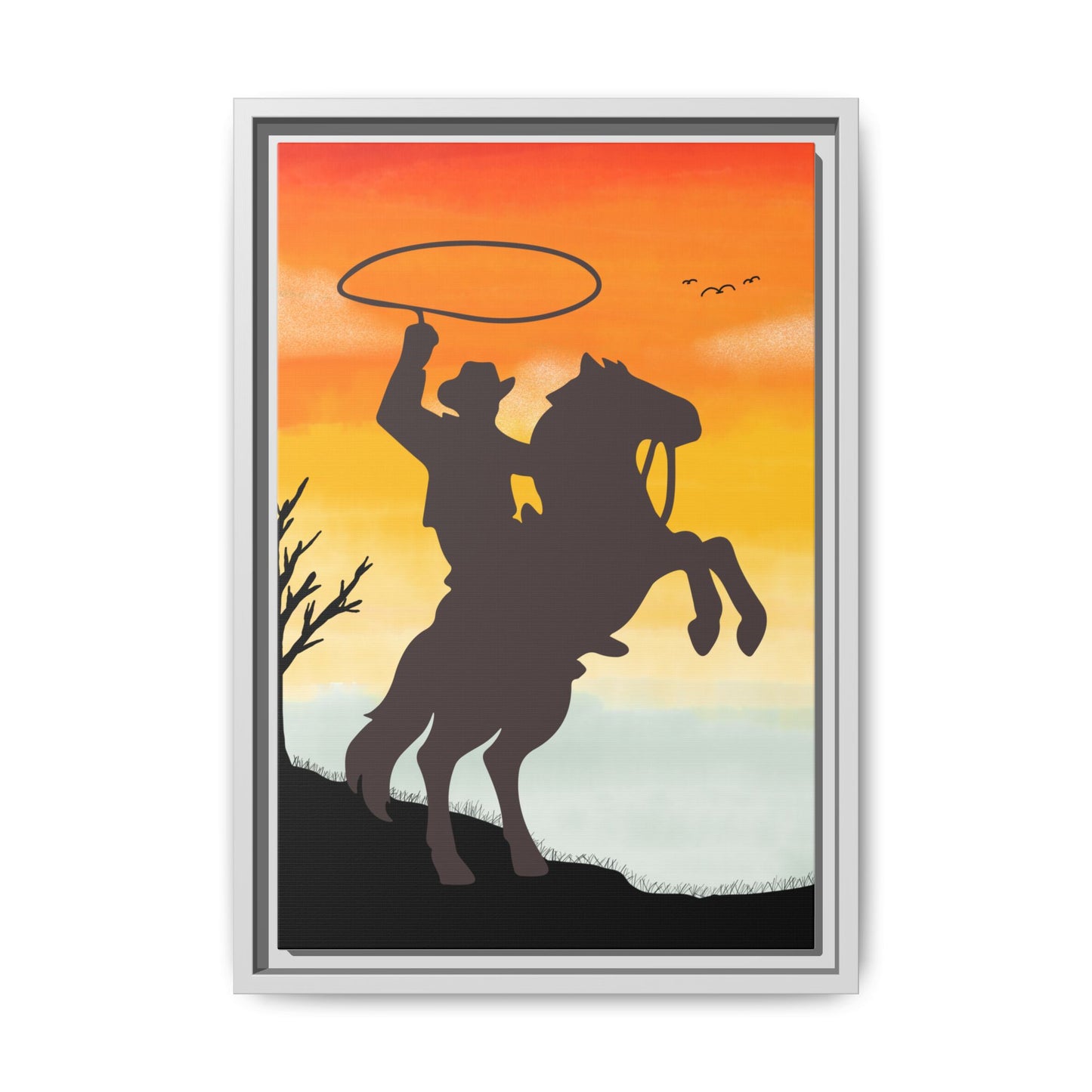 Framed Canvas Art Print Western Home Decor Rustic Wall Art Gift for Cowgirl or Cowboy Country Housewarming Rodeo Home Decor Cowboy Sunset