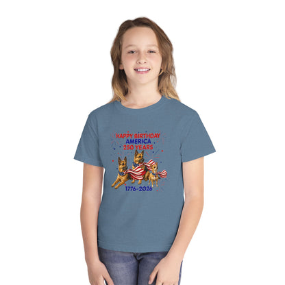 Youth Tee — "Happy Birthday America 250 Years 1776-2026" Patriotic German Shepherds