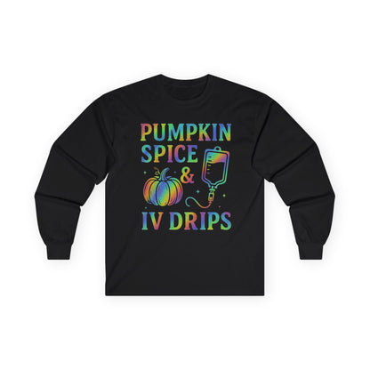 Pumpkin Spice IV Drips Long Sleeve Tee, Autumn Shirt, Fall Fashion, Halloween Apparel, Cozy Gift