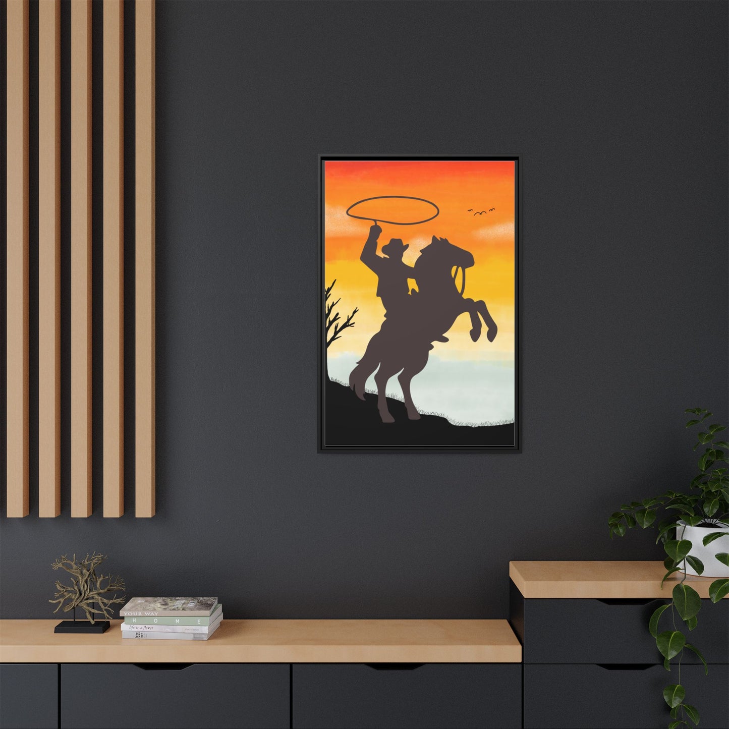 Framed Canvas Art Print Western Home Decor Rustic Wall Art Gift for Cowgirl or Cowboy Country Housewarming Rodeo Home Decor Cowboy Sunset
