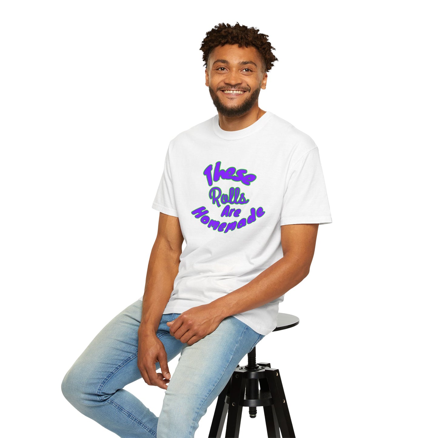 T-Shirt — "These Rolls Are Homemade" Retro Script Baking Tee