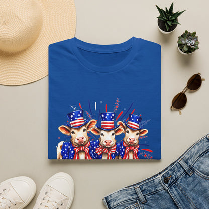 American Patriotic Cows T-Shirt — 4th of July Cow Trio in Uncle Sam Hats