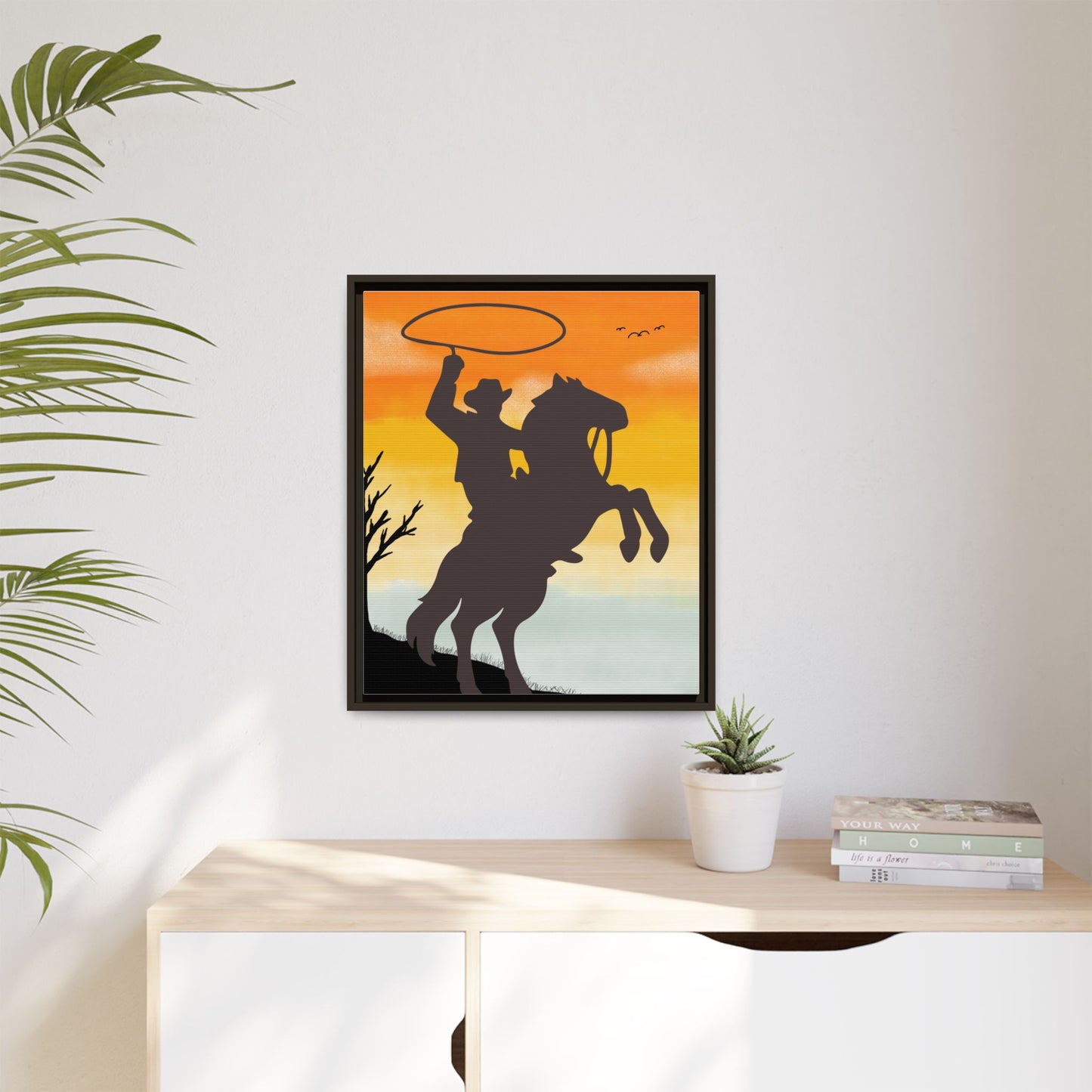 Framed Canvas Art Print Western Home Decor Rustic Wall Art Gift for Cowgirl or Cowboy Country Housewarming Rodeo Home Decor Cowboy Sunset