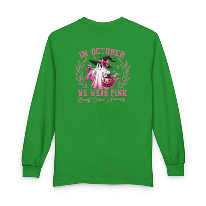 Breast Cancer Awareness Long Sleeve Tee — "In October We Wear Pink" Cow Design
