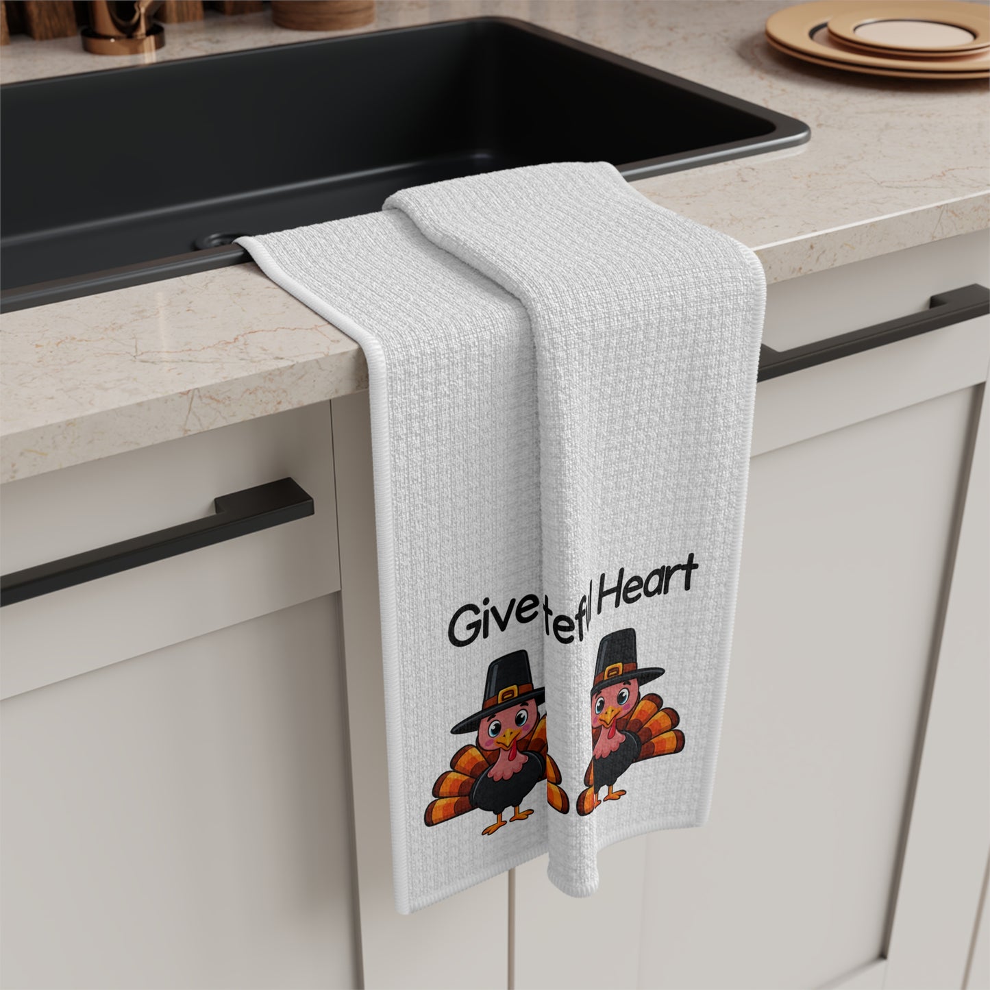 Thankful Turkeys Microfiber Tea Towel — "Give Thanks with a Grateful Heart" Thanksgiving Kitchen Towel