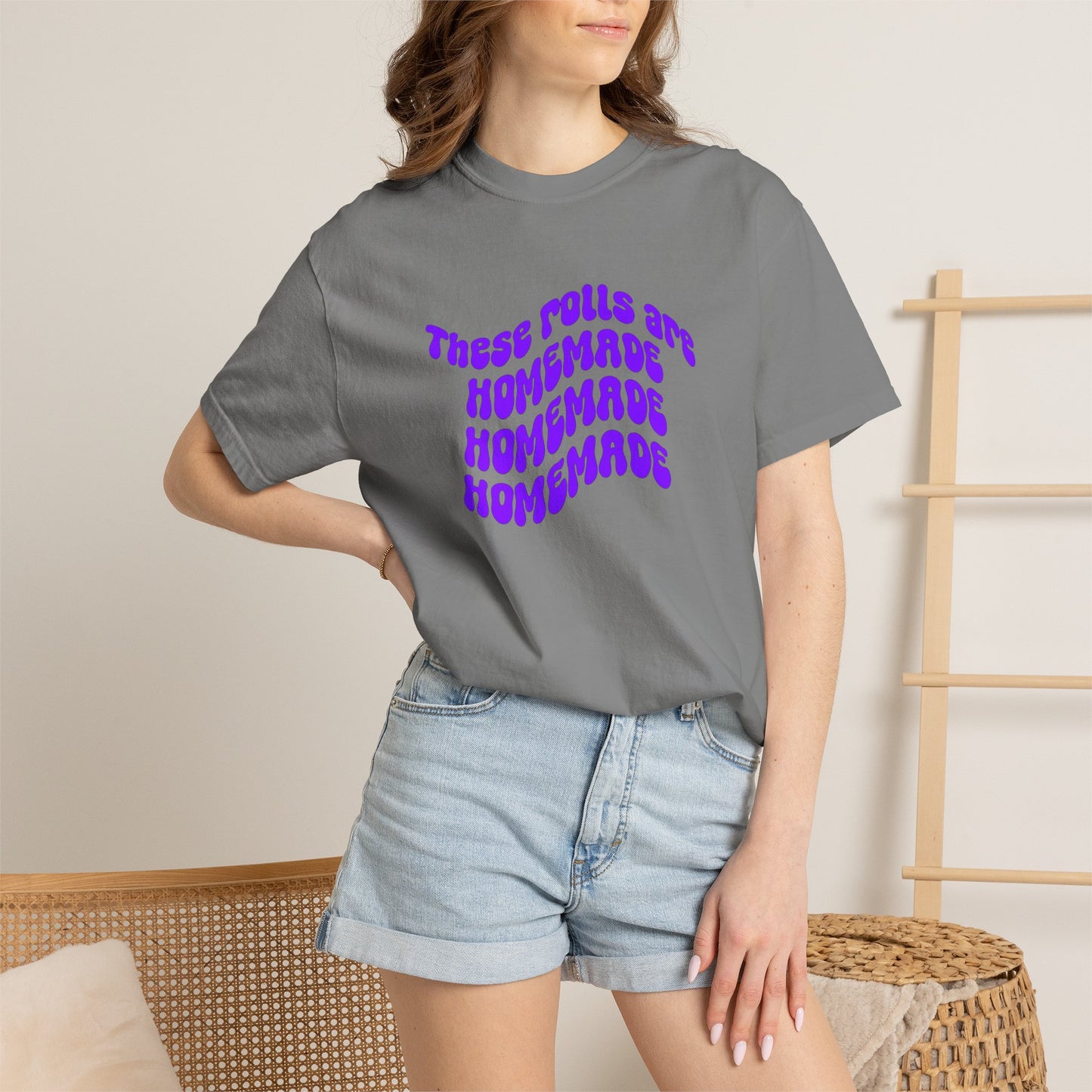 T-Shirt — "These Rolls Are Homemade" Retro Wavy Text Graphic Tee