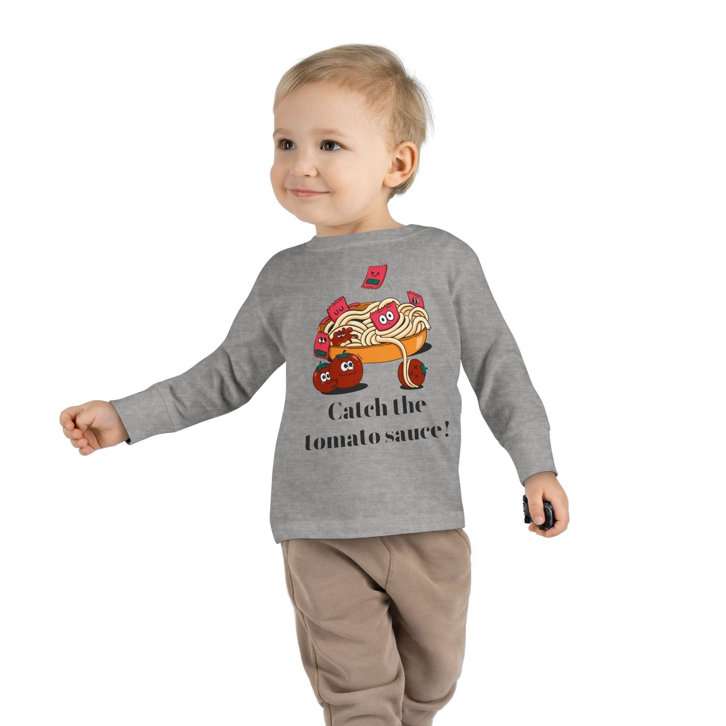 T-Shirt Cute Food-Themed Toddler Long Sleeve Tee Catch the Tomato Sauce Shirt Kids Foodie Apparel Fun Playdate Outfit Perfect for Birthdays