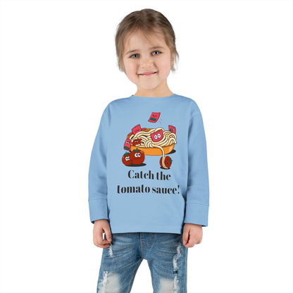 T-Shirt Cute Food-Themed Toddler Long Sleeve Tee Catch the Tomato Sauce Shirt Kids Foodie Apparel Fun Playdate Outfit Perfect for Birthdays