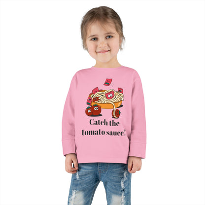 T-Shirt Cute Food-Themed Toddler Long Sleeve Tee Catch the Tomato Sauce Shirt Kids Foodie Apparel Fun Playdate Outfit Perfect for Birthdays