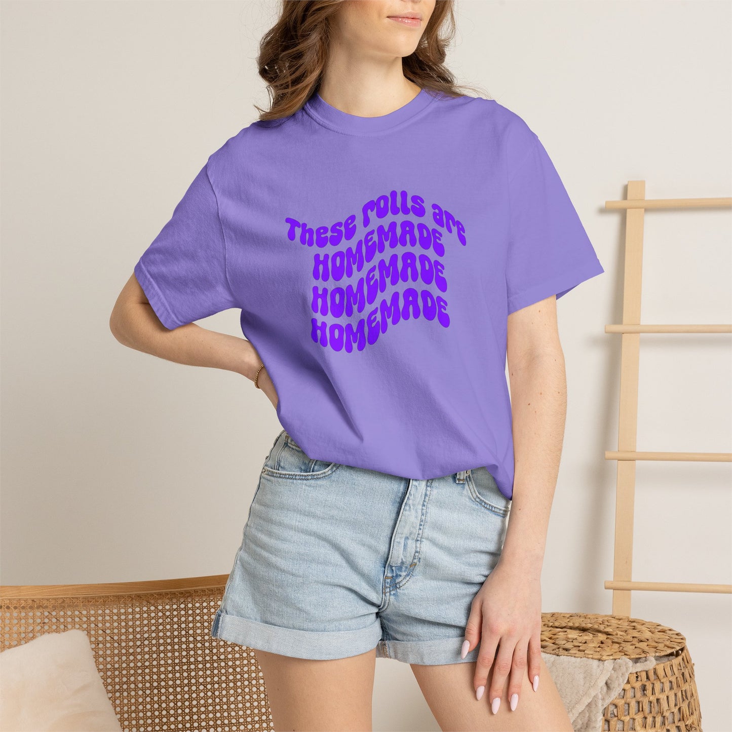 T-Shirt — "These Rolls Are Homemade" Retro Wavy Text Graphic Tee