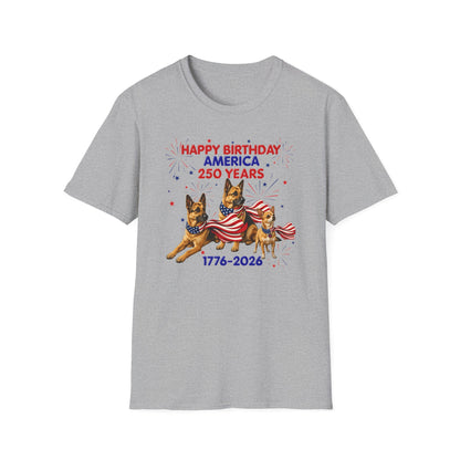 1776–2026 Happy Birthday America T-Shirt — 250 Years Patriotic Flag Dogs Tee