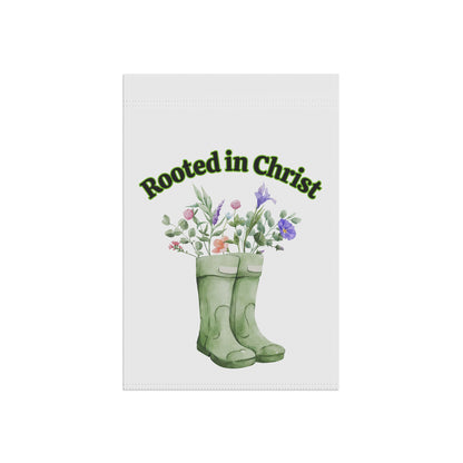 Rooted in Christ Garden Flag — Floral Rainboot Christian Yard Banner