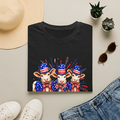 American Patriotic Cows T-Shirt — 4th of July Cow Trio in Uncle Sam Hats