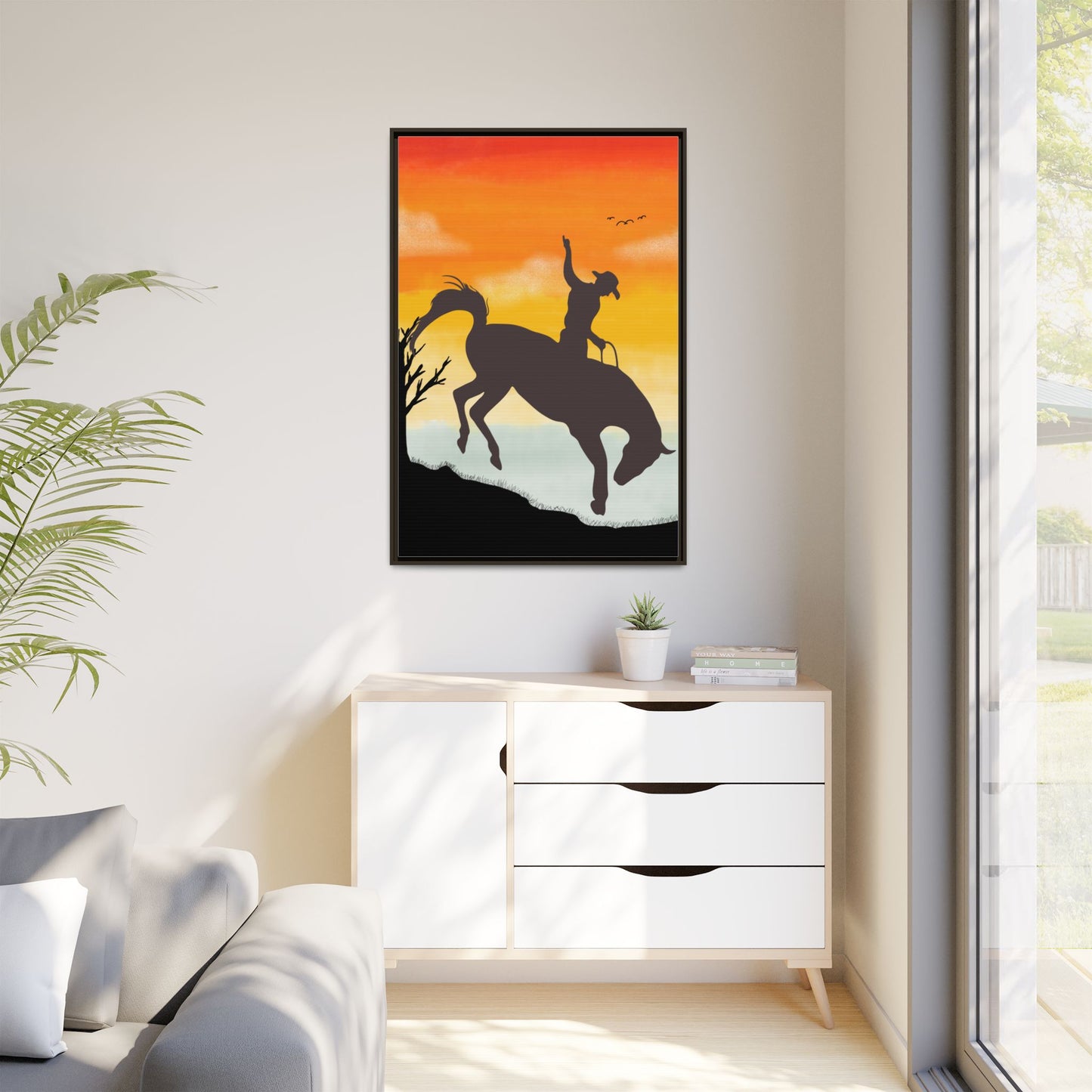 Framed Cowboy Sunset Canvas Art Equestrian Decor Farmhouse Wall Art Rustic Home Decoration Gift for Horse Lovers Rodeo Decor Housewarming Gift