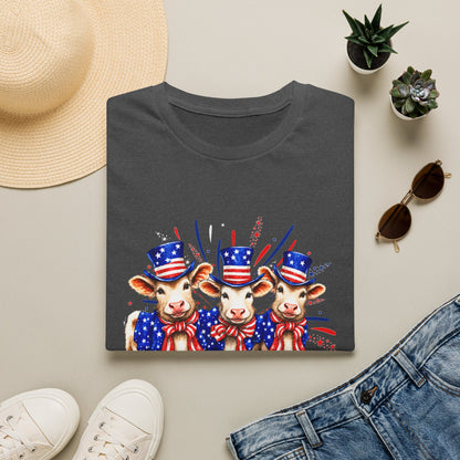 American Patriotic Cows T-Shirt — 4th of July Cow Trio in Uncle Sam Hats