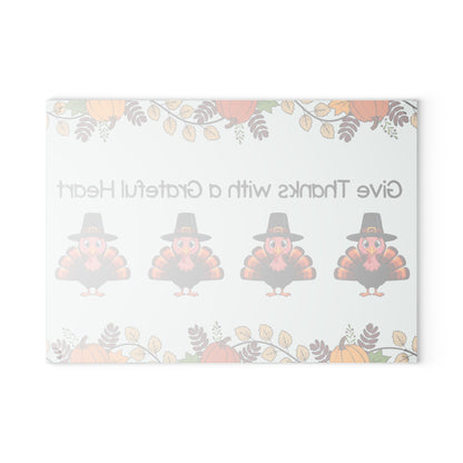 Thanksgiving Glass Cutting Board – "Give Thanks with a Grateful Heart" Turkey Design