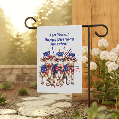 Garden Flag – 250 Years! Happy Birthday America! Patriotic Cows Outdoor Banner