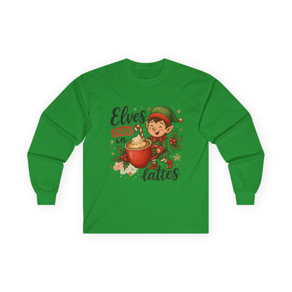 Christmas Elf Long Sleeve Tee, Holiday Shirt, Gift for Coffee Lovers, Festive Apparel, Elf-Themed Clothing