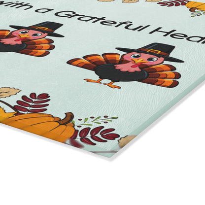 Thanksgiving Glass Cutting Board – "Give Thanks with a Grateful Heart" Turkey Design