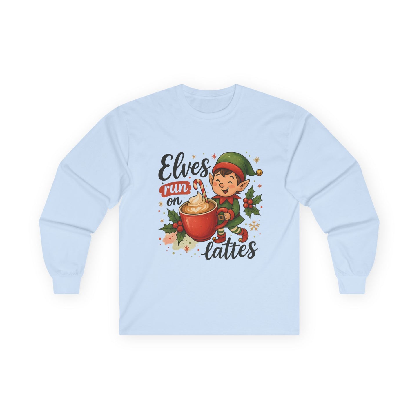Christmas Elf Long Sleeve Tee, Holiday Shirt, Gift for Coffee Lovers, Festive Apparel, Elf-Themed Clothing