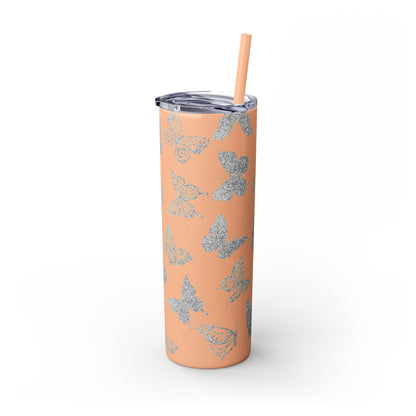 Tumbler Travel Butterfly Design Skinny Tumbler with Straw - 20oz, Stylish Drinkware for Nature Lovers Gift for Anyone