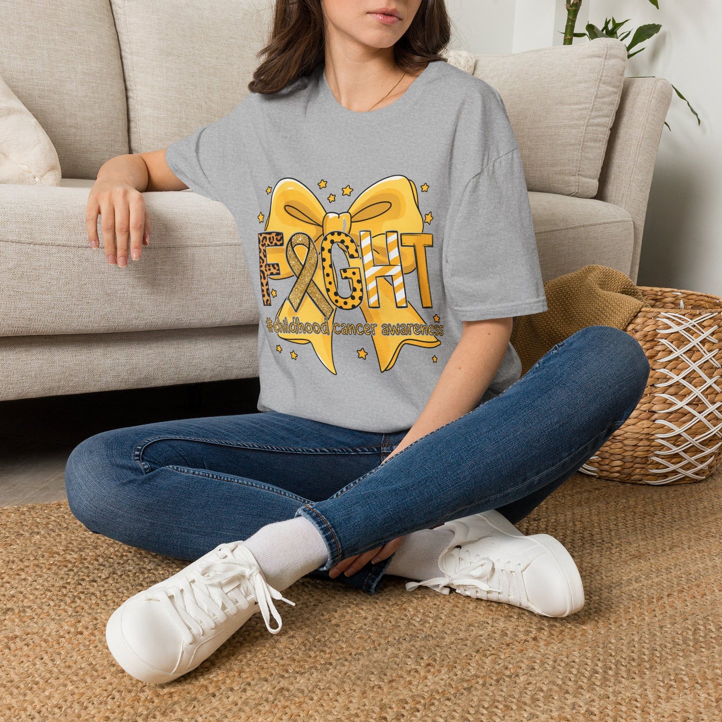 Fight Childhood Cancer T-Shirt — Gold Awareness Ribbon Bow Design