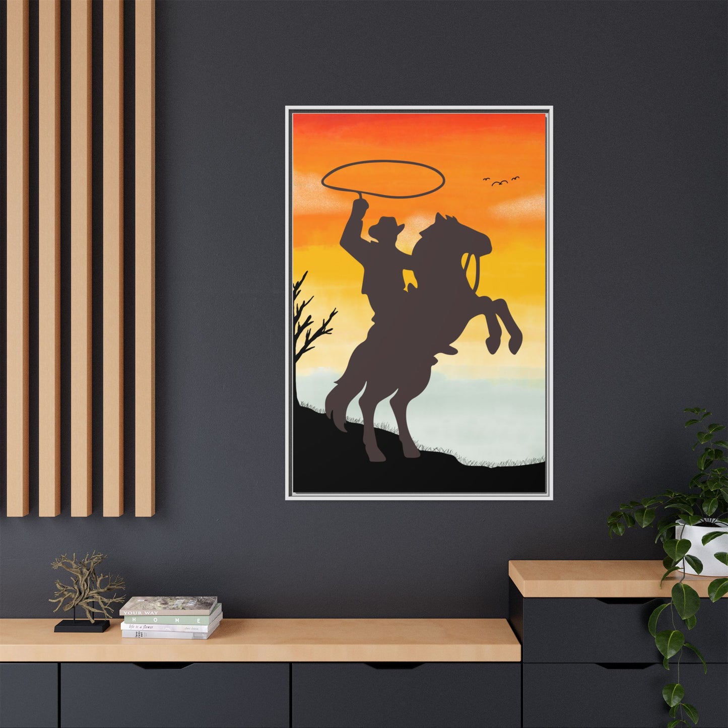 Framed Canvas Art Print Western Home Decor Rustic Wall Art Gift for Cowgirl or Cowboy Country Housewarming Rodeo Home Decor Cowboy Sunset