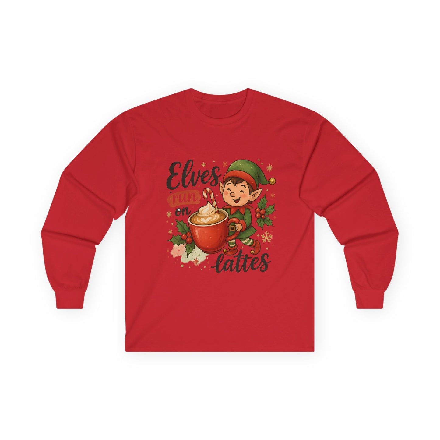 Christmas Elf Long Sleeve Tee, Holiday Shirt, Gift for Coffee Lovers, Festive Apparel, Elf-Themed Clothing